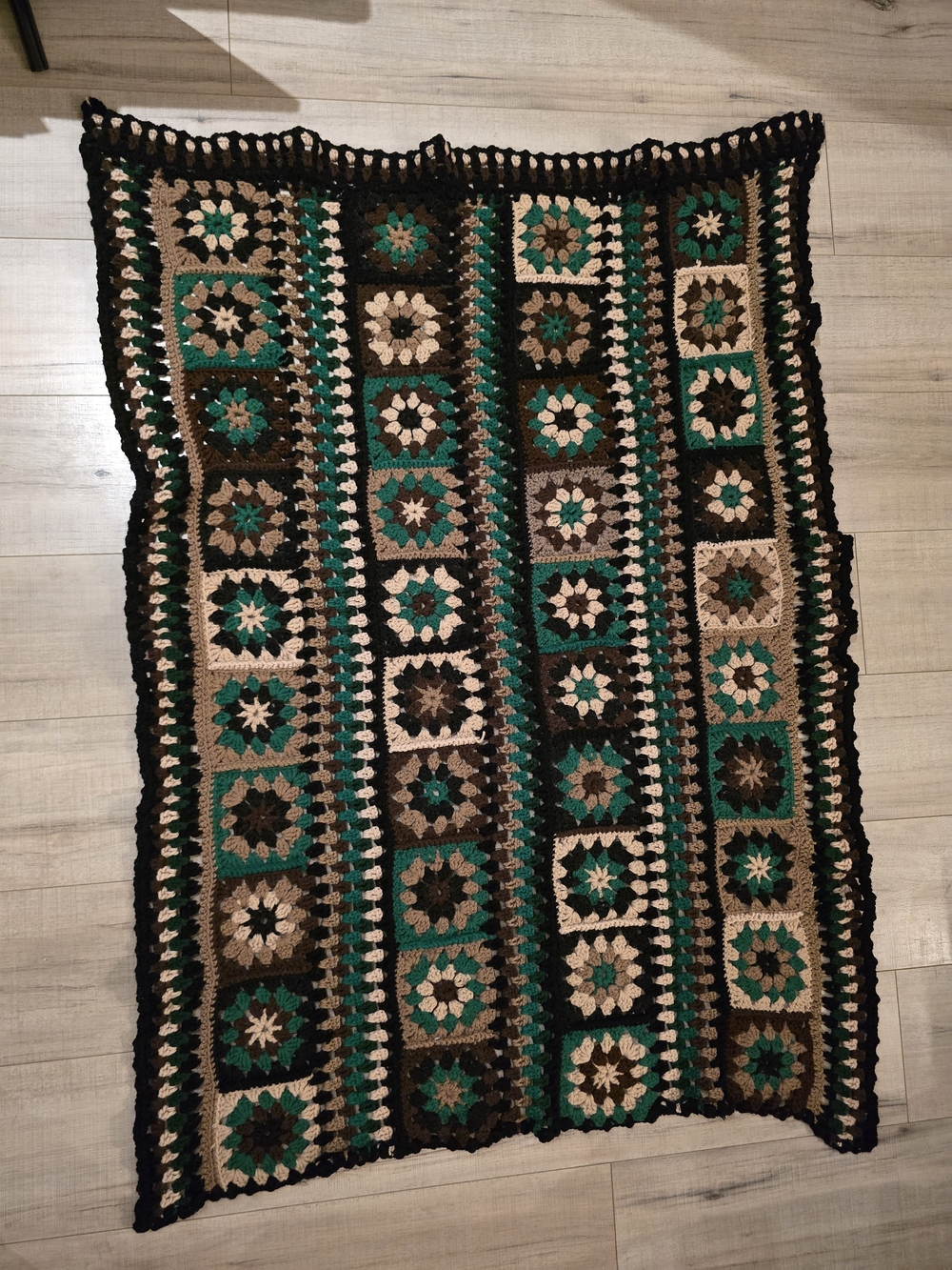 Handmade Crochet Throw Blanket in Green, Brown & Cream -